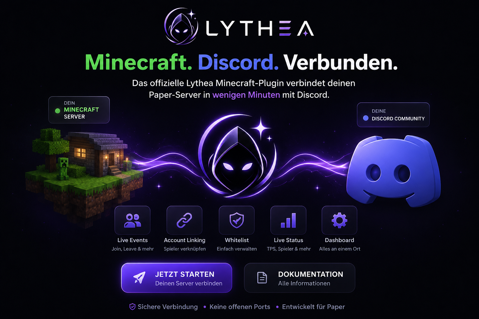 Lythea verbindet einen Minecraft-Server mit einer Discord-Community — Illustration mit Minecraft-Insel, Lythea-Maskottchen und Discord-Logo